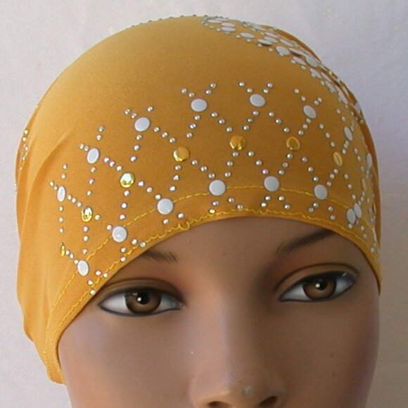 YELLOW  Pre-Tied Stud Fashion Cap Slip On Bonnet Hijab Undercap #2 - Picture 2 of 3
